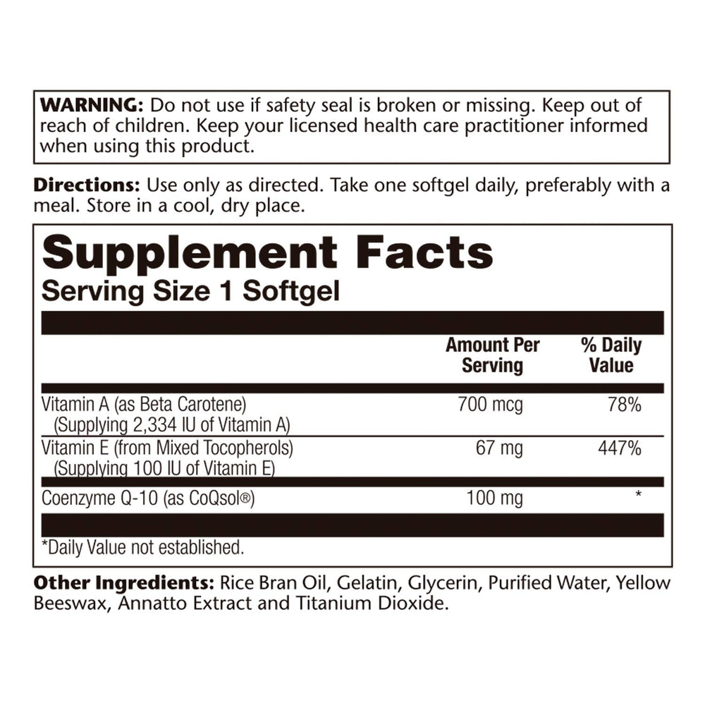 SOLARAY Bio CoQ-10 packaging highlights vitamins A and E.