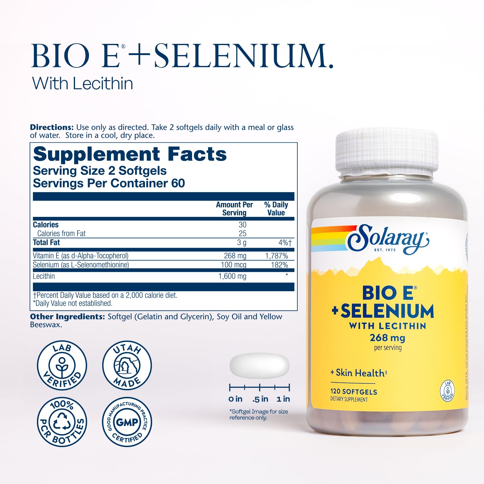 Solaray Bio E with Selenium softgels close-up highlighting 400 IU Vitamin E.