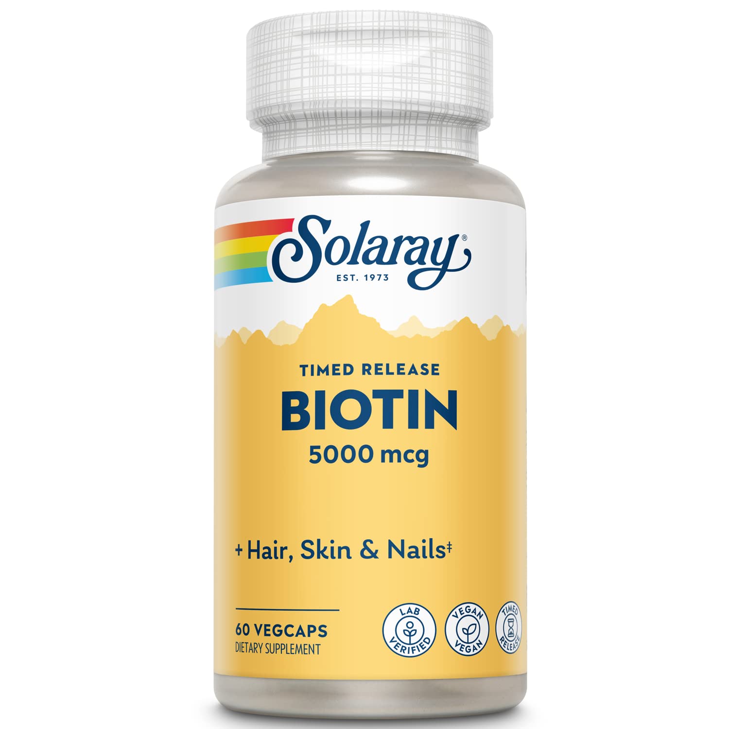Solaray Biotin capsules close-up emphasizing vegan capsules and clean label.