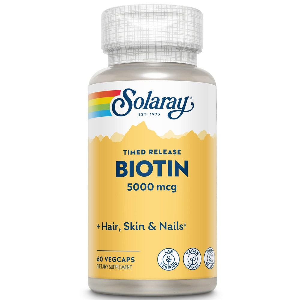 Solaray Biotin capsules close-up emphasizing vegan capsules and clean label.