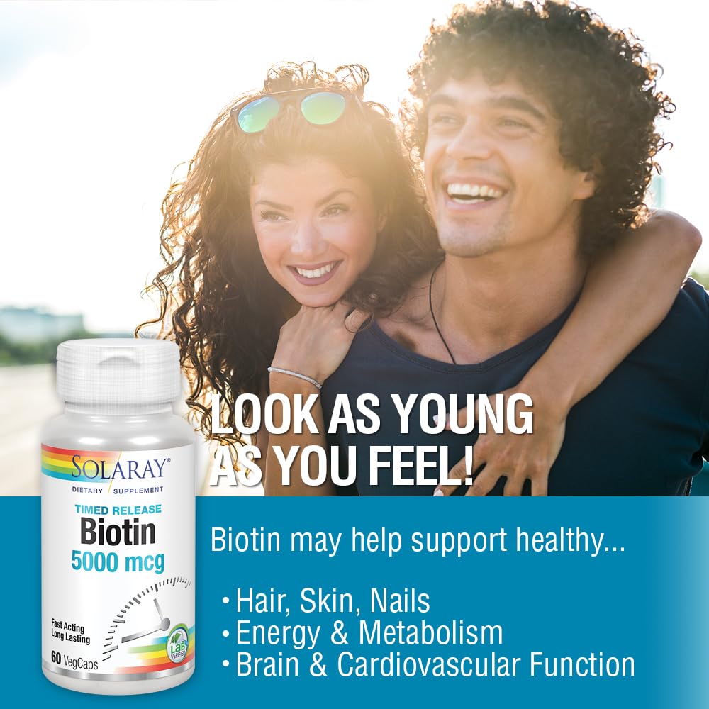 Solaray Biotin bottle with water in daily routine lifestyle scene.