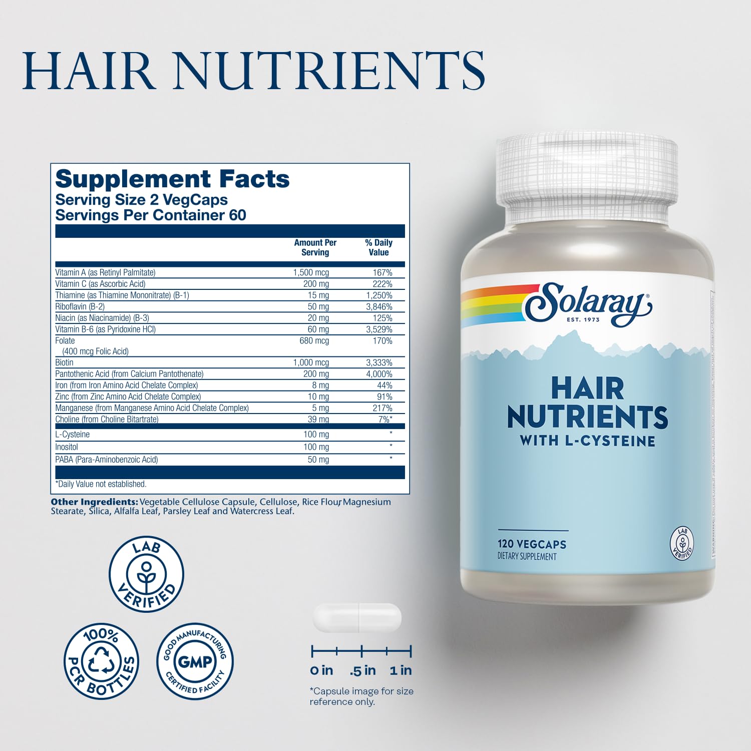 SOLARAY Biotin hair growth capsules close-up for hair skin nails.