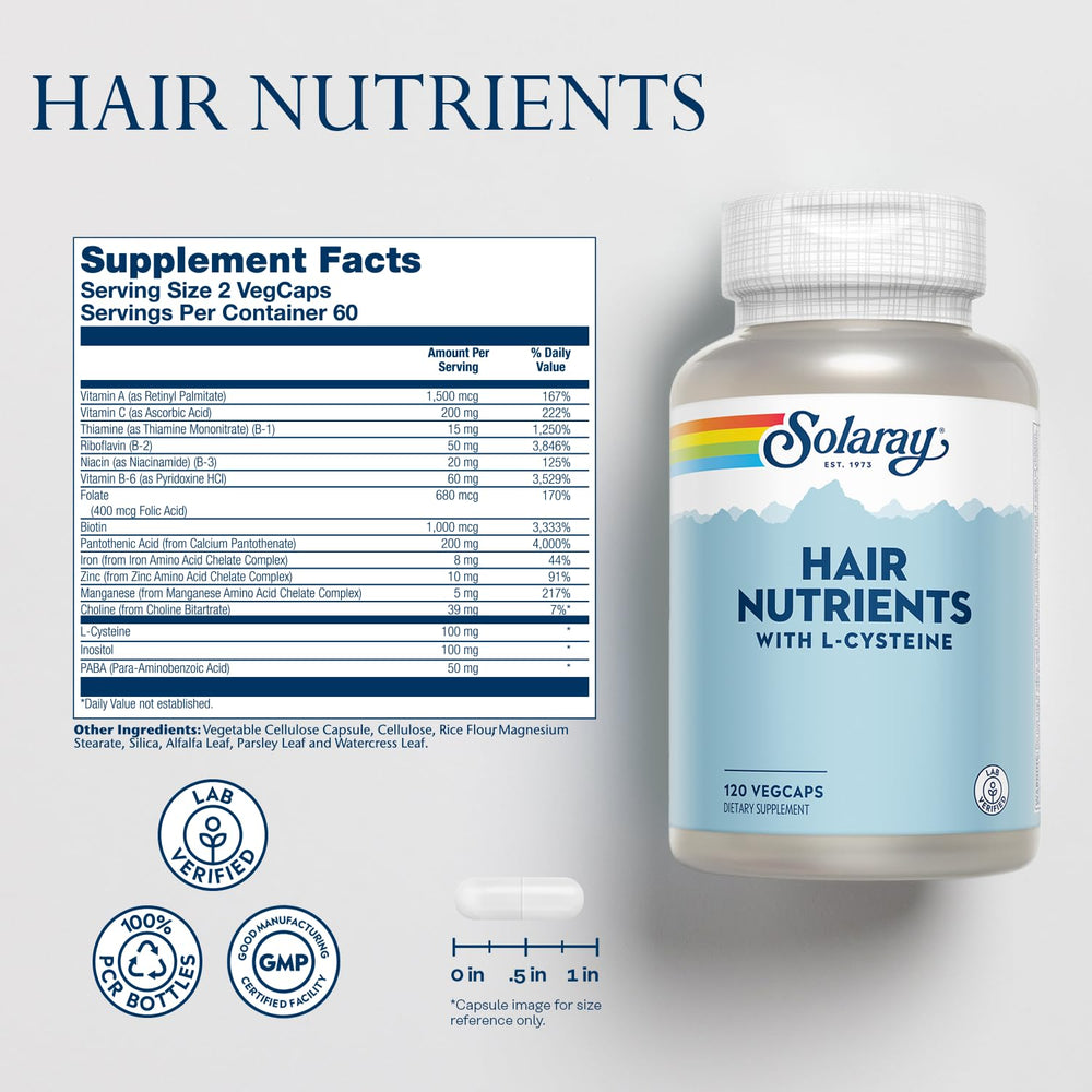 SOLARAY Biotin hair growth capsules close-up for hair skin nails.