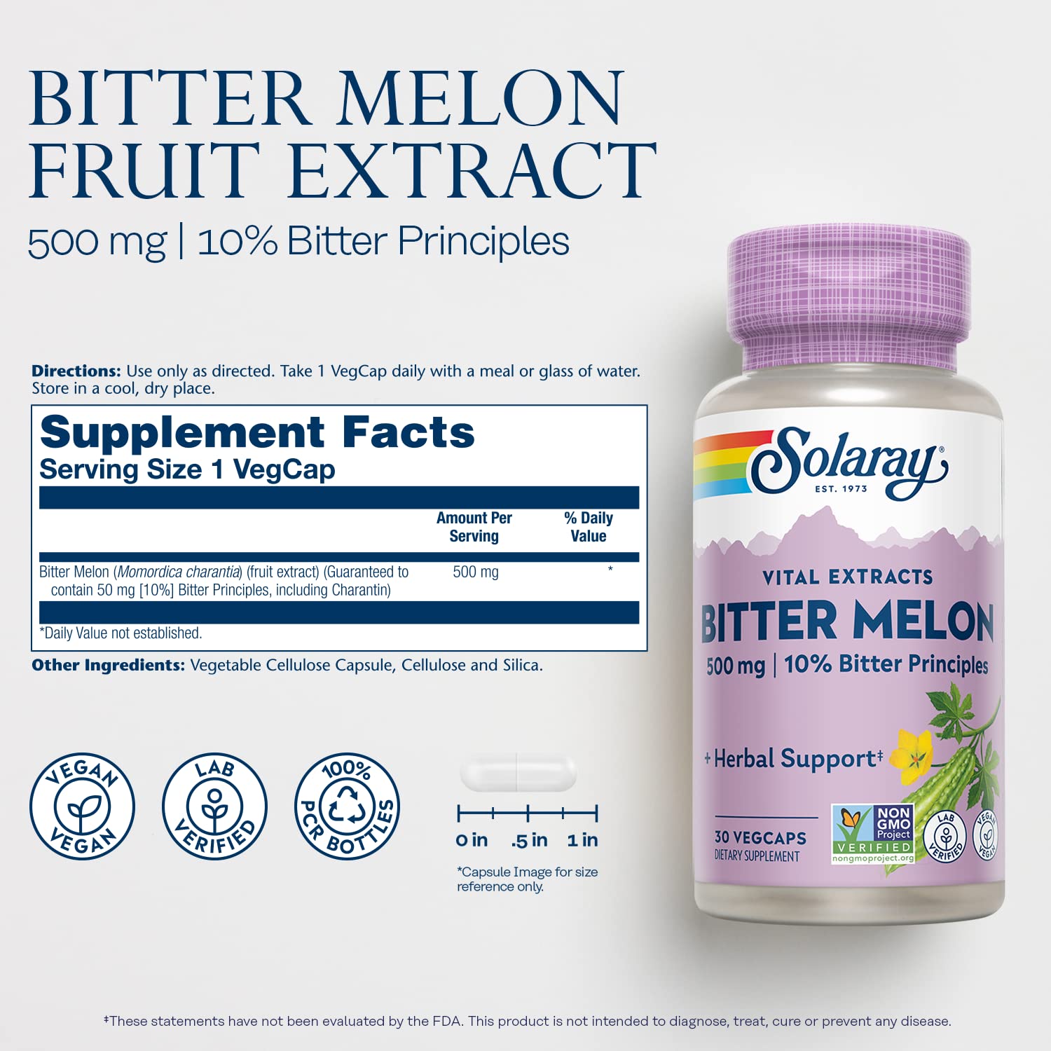 SOLARAY Bitter Melon capsules close-up highlights vegan capsules for daily use.