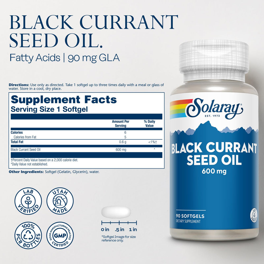 SOLARAY Black Currant Seed Oil softgels on white background supporting daily fatty acid intake.