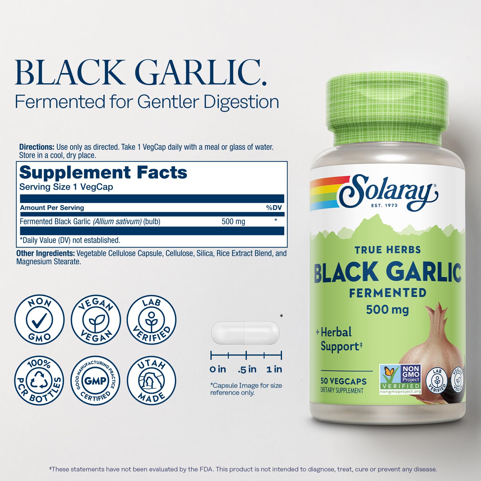 Close-up of Solaray Black Garlic bottle side view showing capsule packaging.