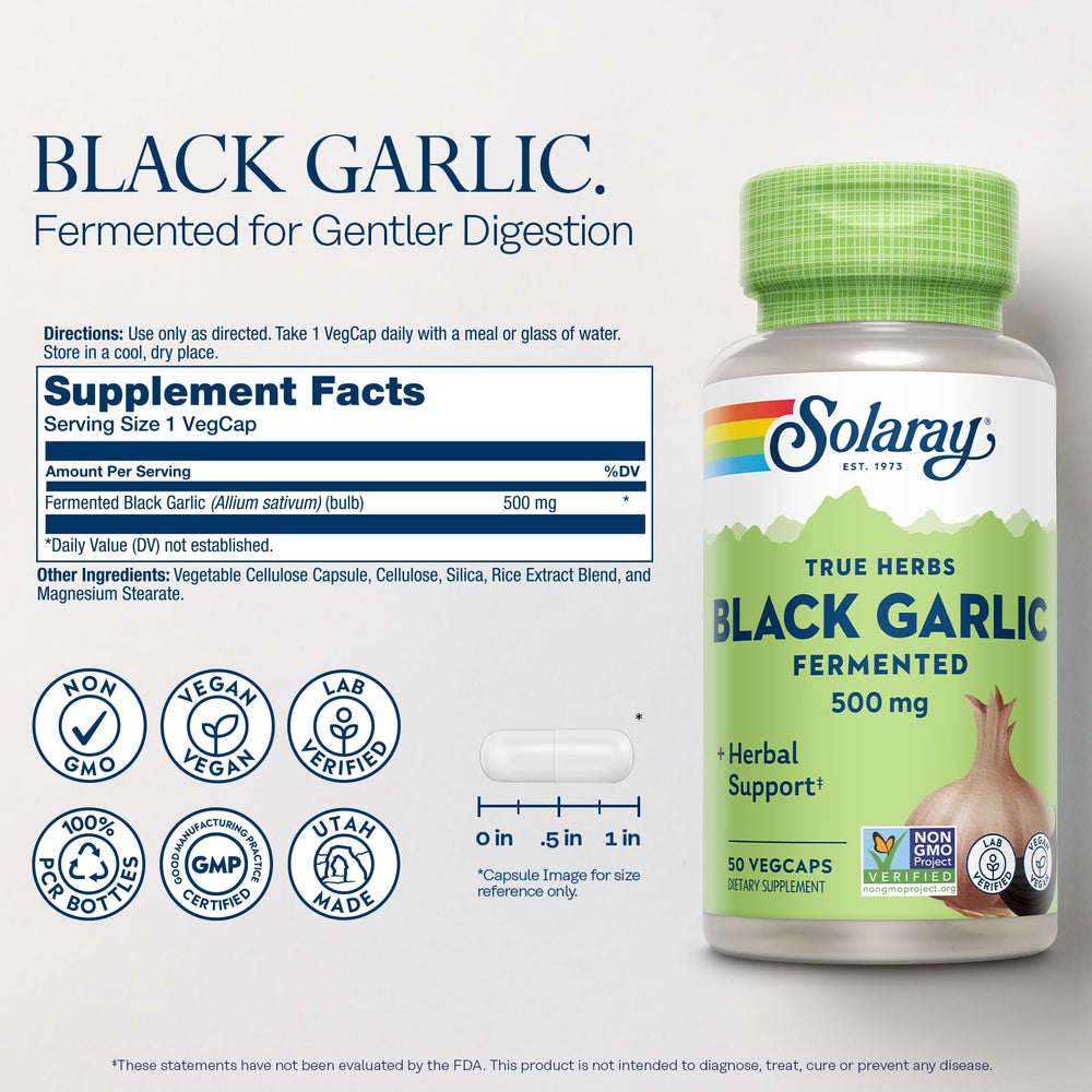 Close-up of Solaray Black Garlic bottle side view showing capsule packaging.