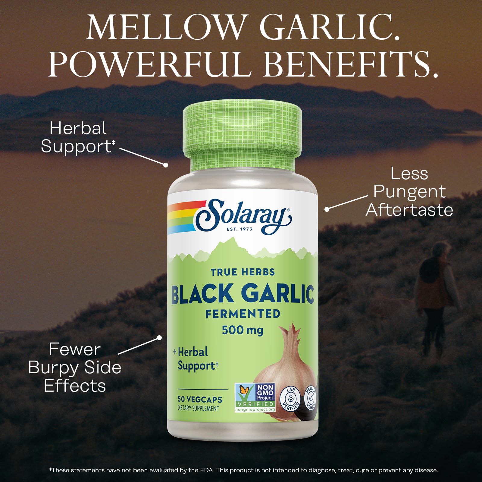 Pouring Solaray Black Garlic capsules, 50 servings per bottle.