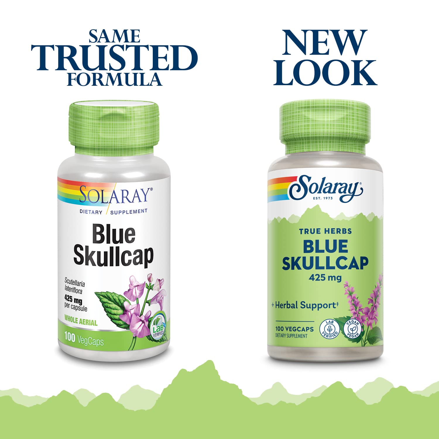 SOLARAY Blue Skullcap 425mg bottle label highlights potency and vegan credentials.
