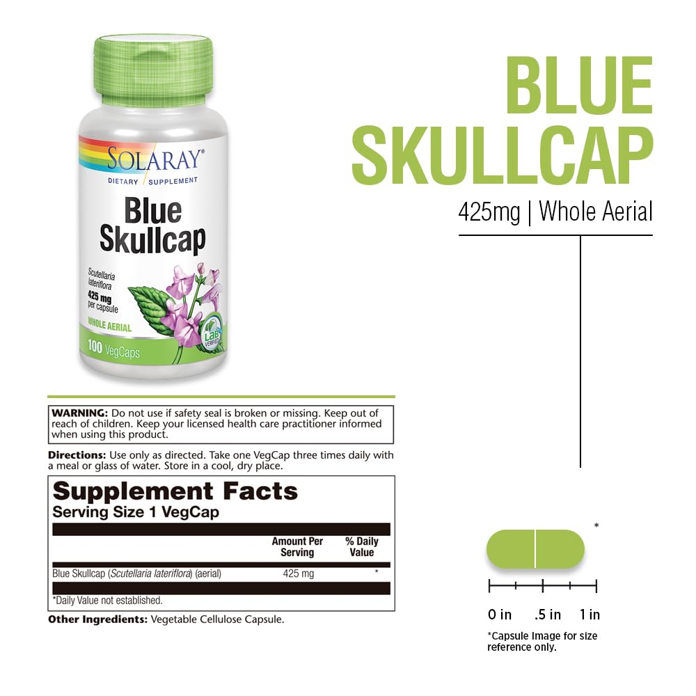 Close-up of SOLARAY skullcap capsules showing vegan, non-GMO formula for relaxation.