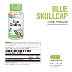 Close-up of SOLARAY skullcap capsules showing vegan, non-GMO formula for relaxation.