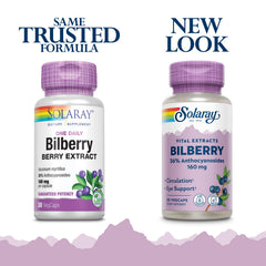 SOLARAY Blueberry Extract 195 mg bottle highlighting added plant-based support.
