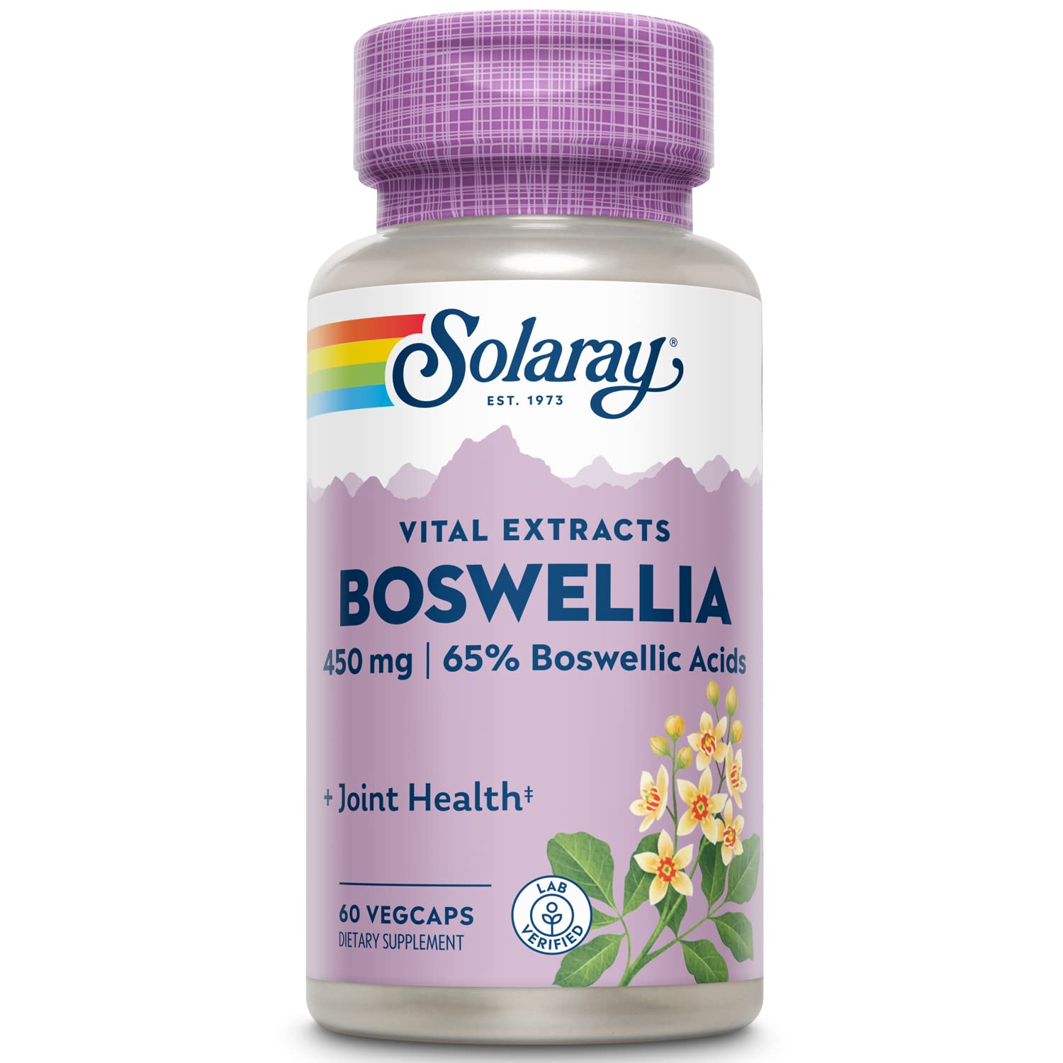 Solaray Boswellia capsules closeup highlighting vegan, gluten-free formula for cartilage comfort