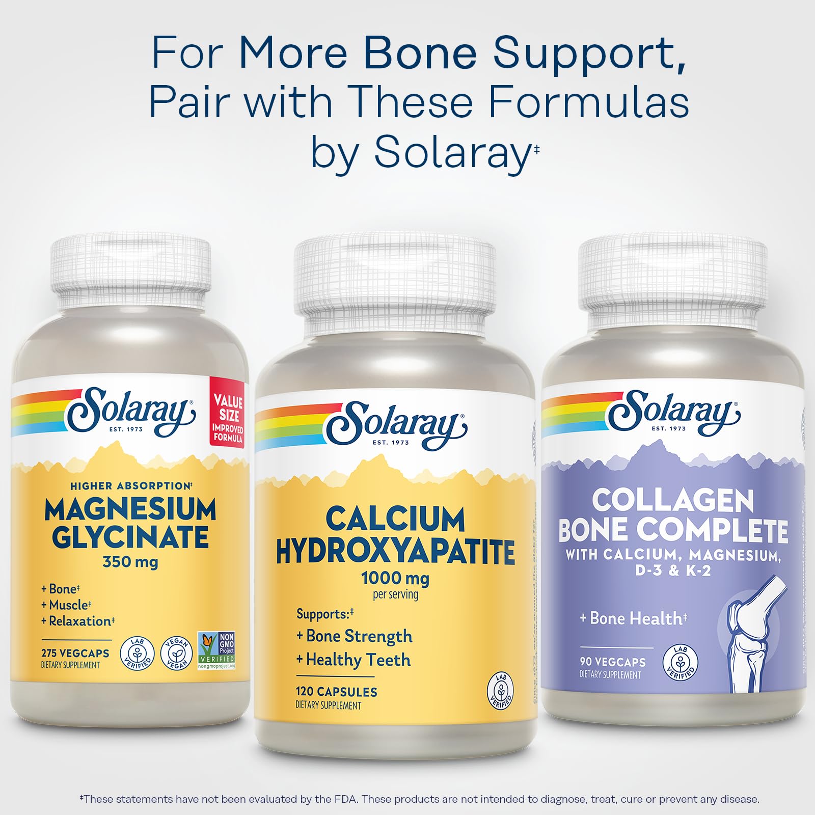 SOLARAY bottle with capsules communicates convenient daily calcium intake.