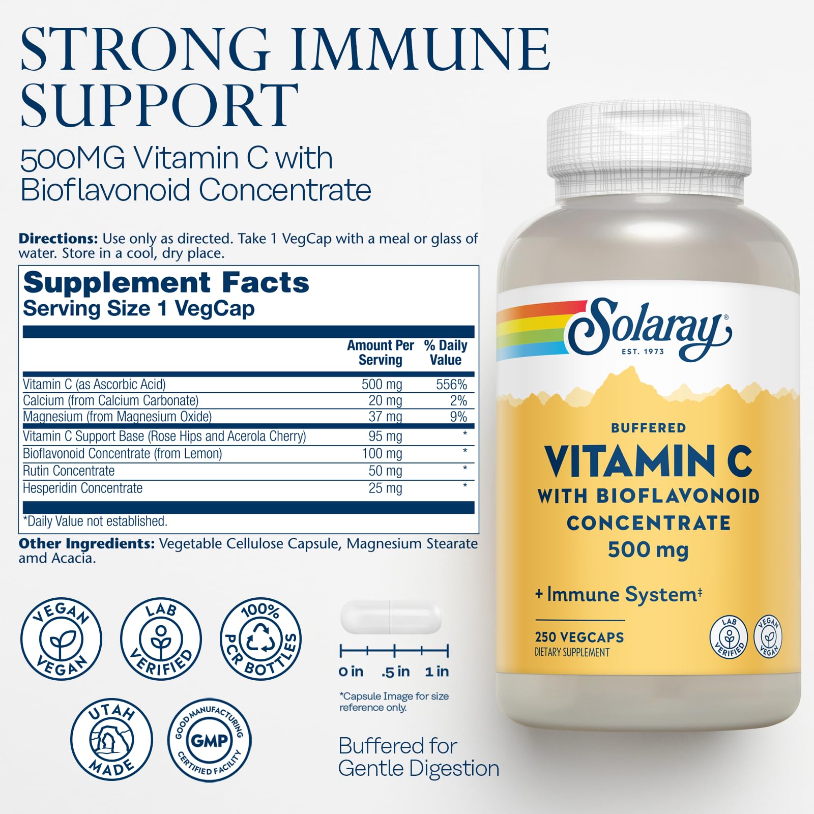 SOLARAY Vitamin C label featuring bioflavonoids and acerola for antioxidant support.