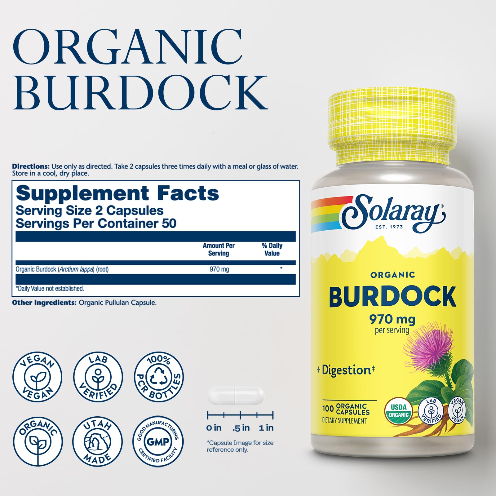 SOLARAY Burdock Root capsules close-up highlights plant-based antioxidants.