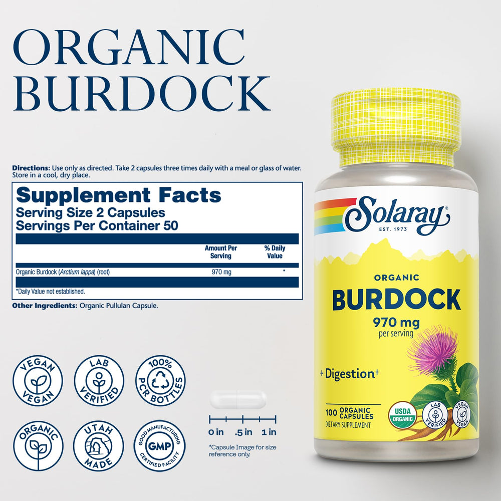 SOLARAY Burdock Root capsules close-up highlights plant-based antioxidants.
