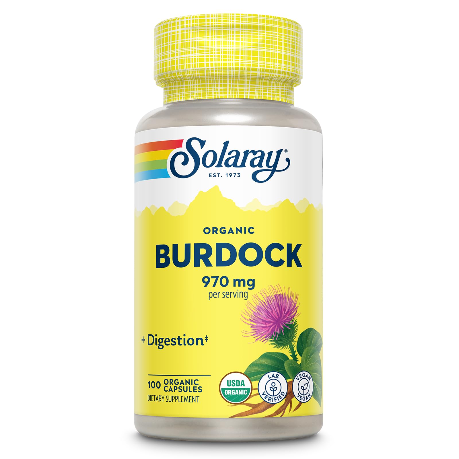 SOLARAY Burdock Root Organic bottle supports daily digestion with vegan formula.