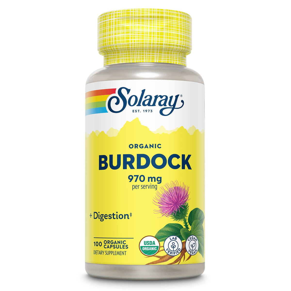 SOLARAY Burdock Root Organic bottle supports daily digestion with vegan formula.