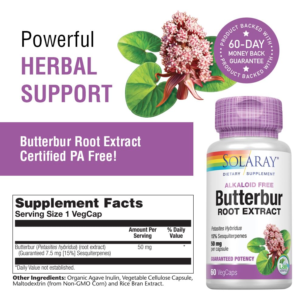 SOLARAY Butterbur bottle label notes 50 mg extract and PA-free assurance
