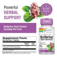 SOLARAY Butterbur bottle label notes 50 mg extract and PA-free assurance