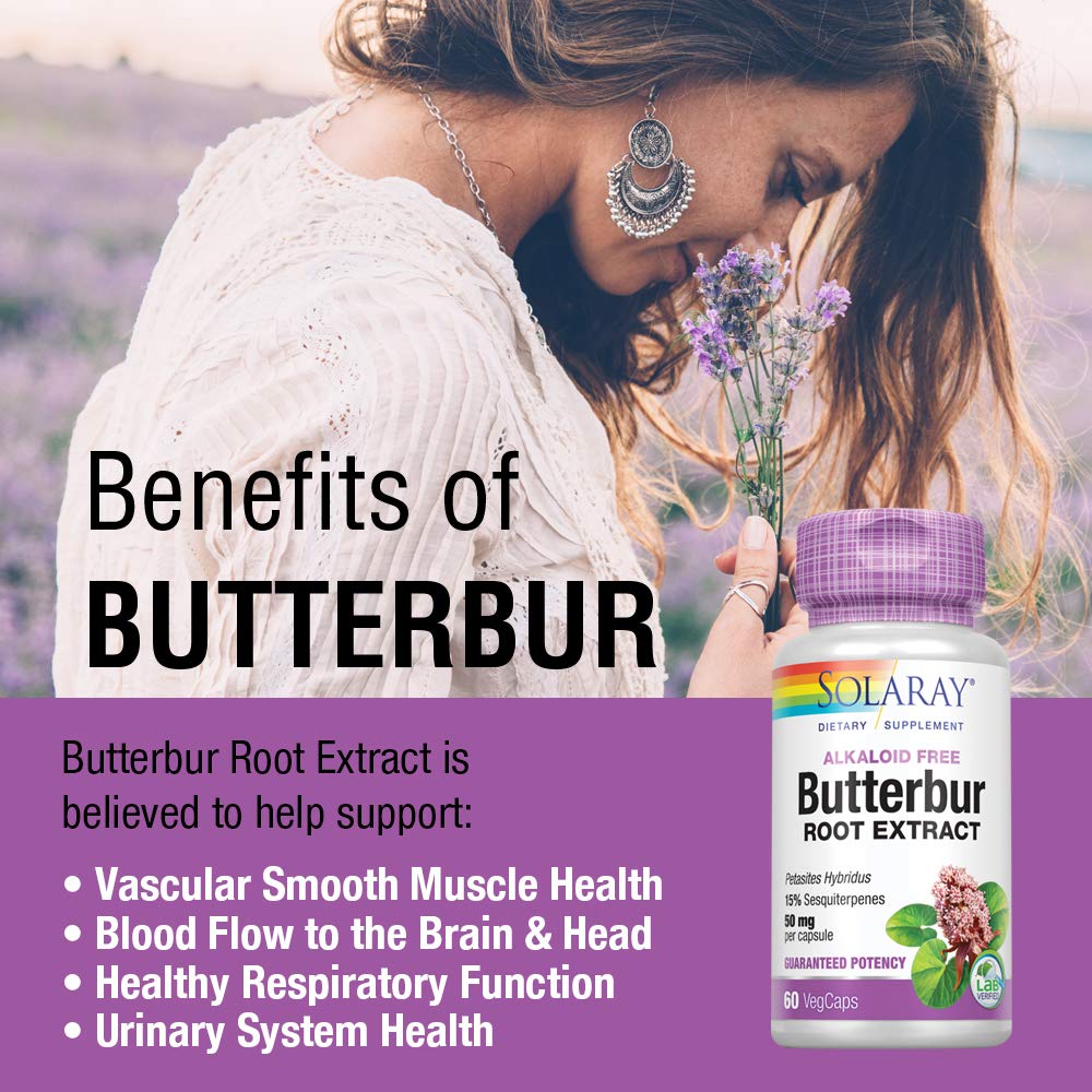 SOLARAY Butterbur packaging box communicates benefits and intended use
