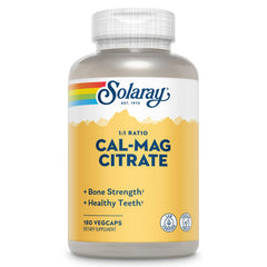 Solaray Cal Mag Citrate bottle front view showing 1:1 ratio for bone support
