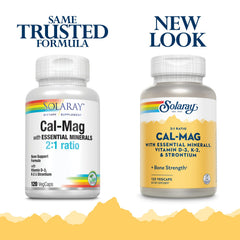 SOLARAY Cal-Mag bottle back view highlighting D-3 and K-2 information for better absorption
