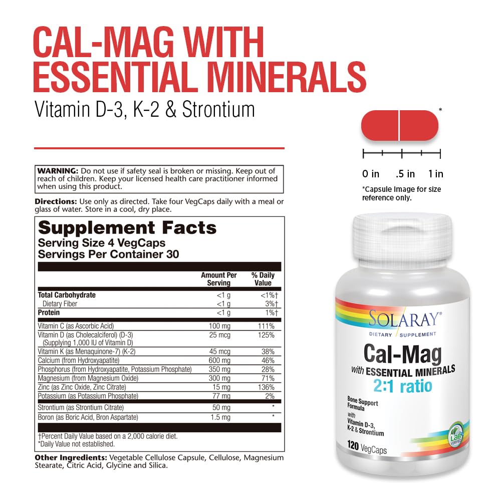 SOLARAY Cal-Mag bottle label detailing the whole mineral complex for bone support