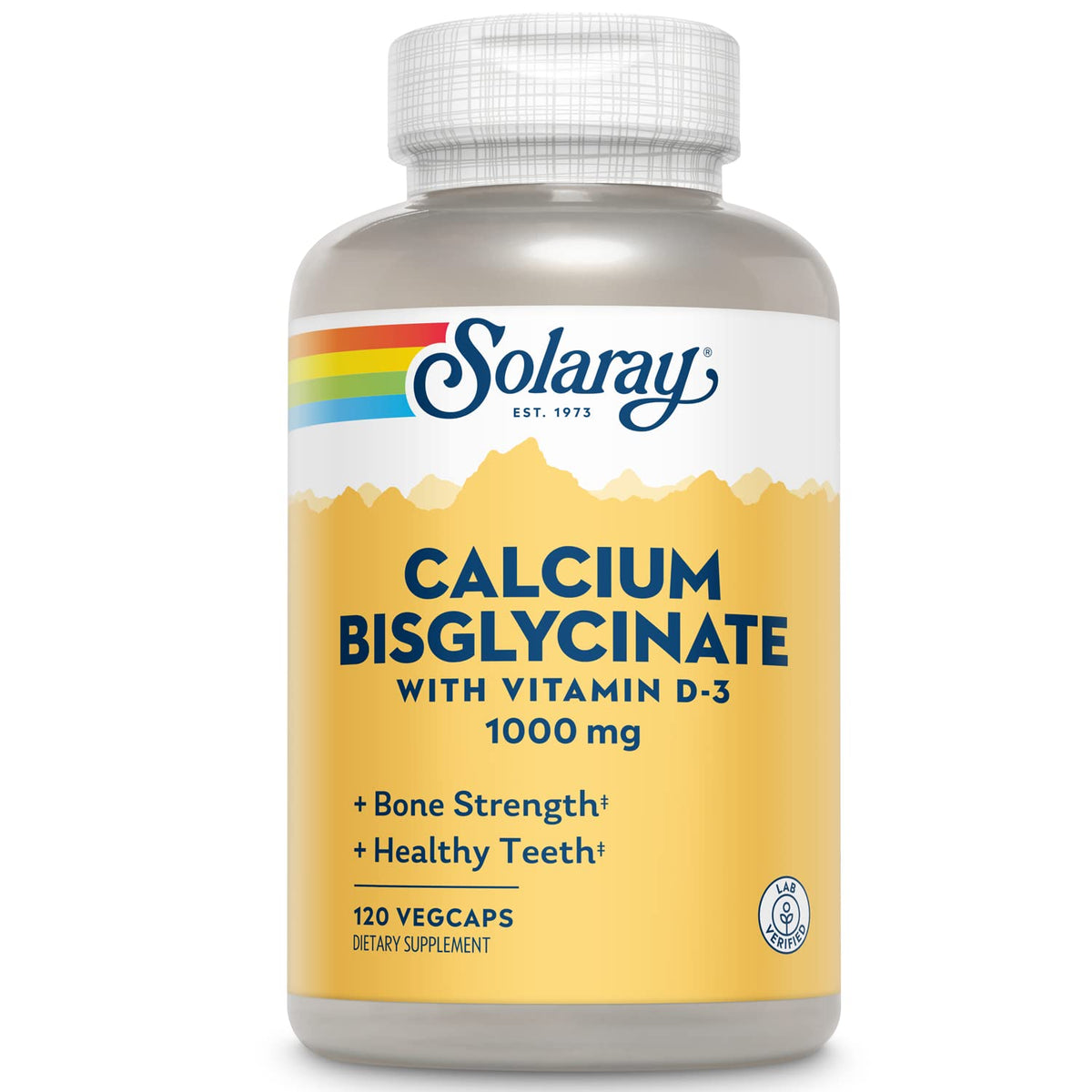 SOLARAY Calcium Bisglycinate bottle and capsules supporting bone health through enhanced absorption