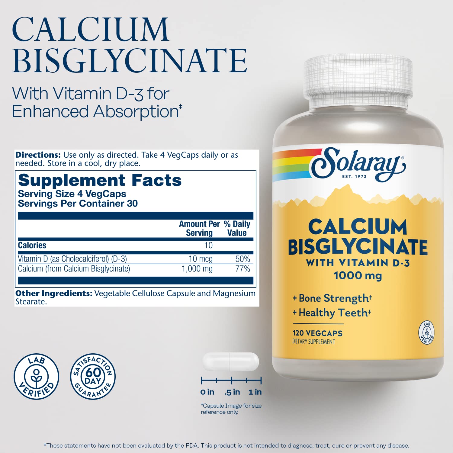 SOLARAY Calcium Bisglycinate capsules showcased for easy-to-swallow chelated formula
