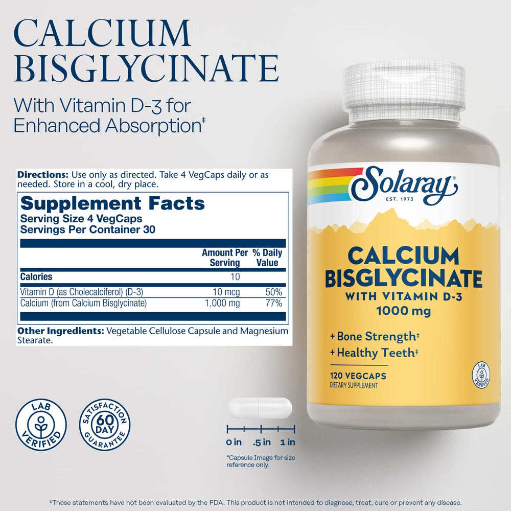 SOLARAY Calcium Bisglycinate capsules showcased for easy-to-swallow chelated formula