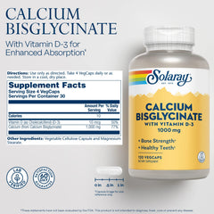 SOLARAY Calcium Bisglycinate capsules showcased for easy-to-swallow chelated formula