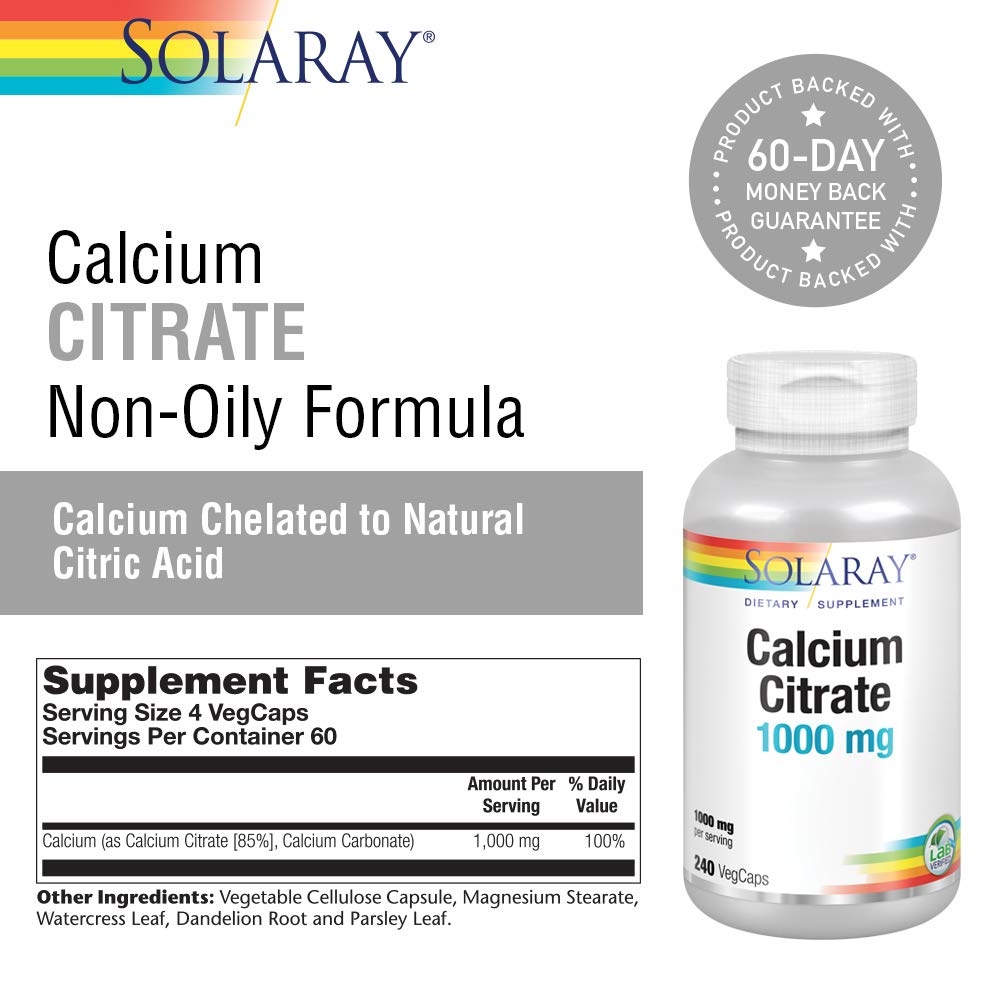 SOLARAY Calcium Citrate bottle closeup showing hygienic packaging