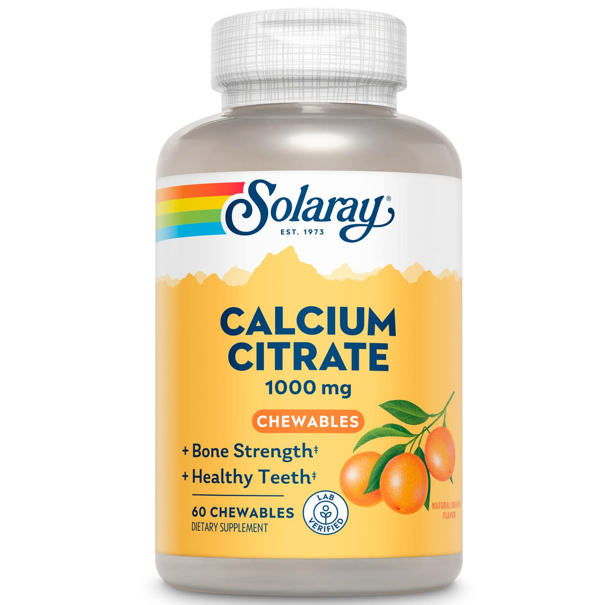 SOLARAY calcium citrate 1000 mg bottle with orange chews for bone support.