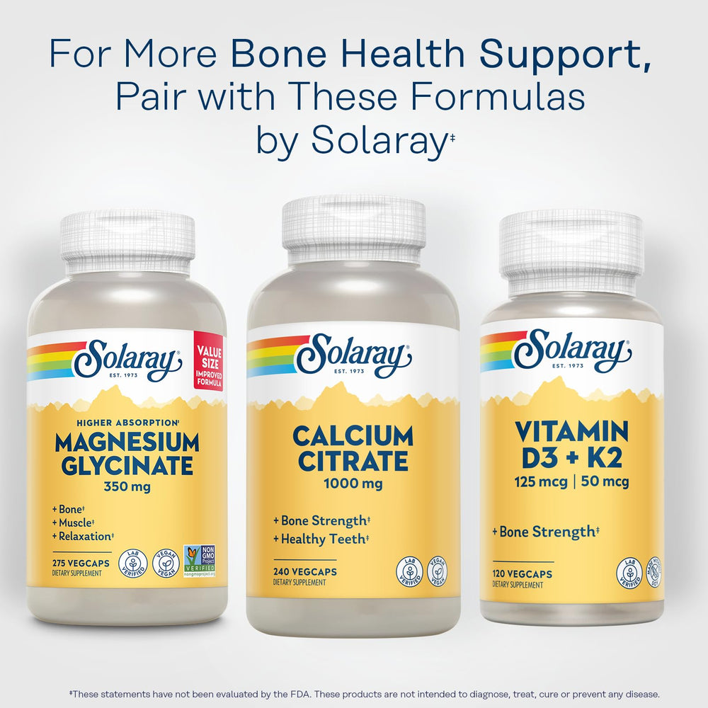 Vegan-certified Solaray Calcium Citrate 1000mg capsules suitable for plant-based plans.