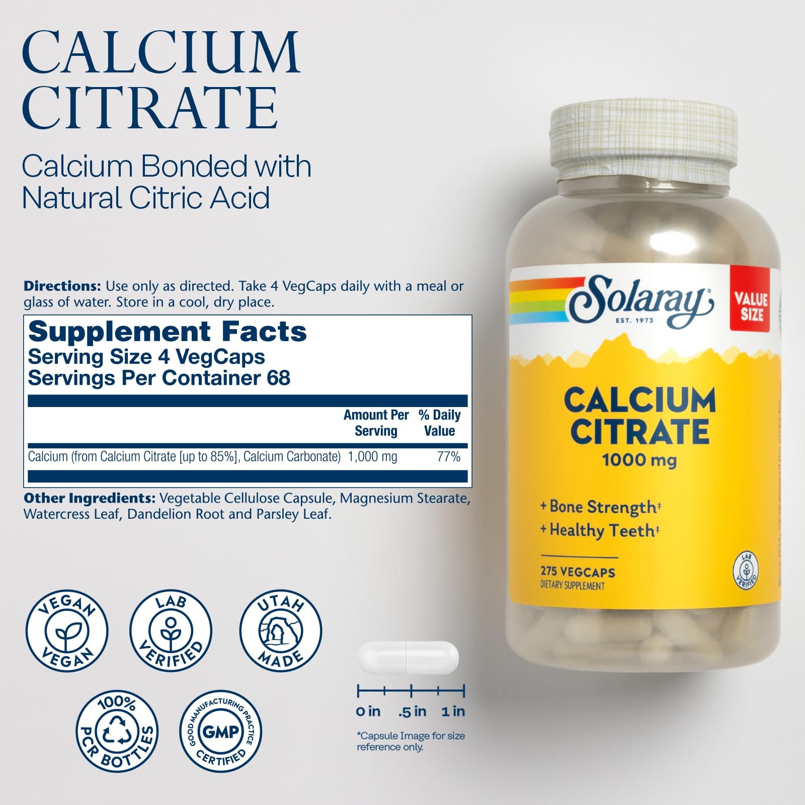 SOLARAY Calcium Citrate capsules close-up for convenient vegan intake