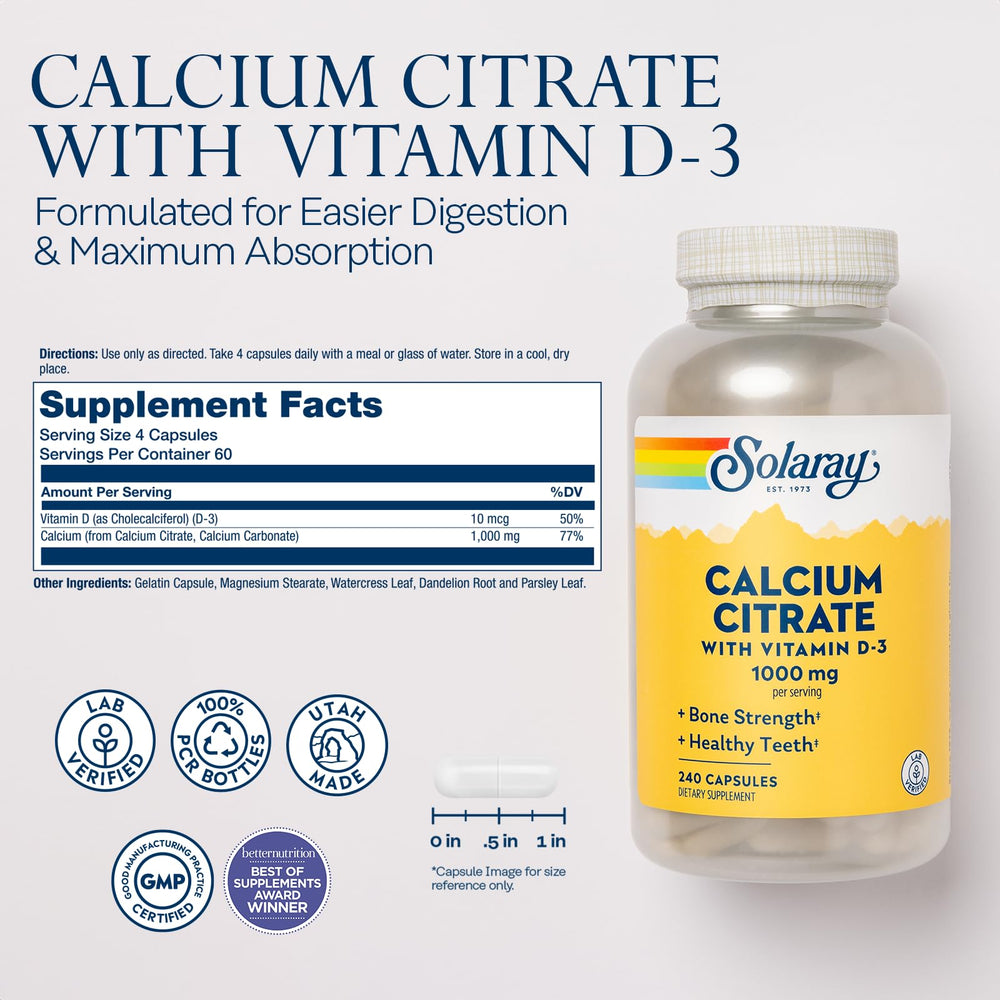 SOLARAY Calcium Citrate capsules shown for bone health support.