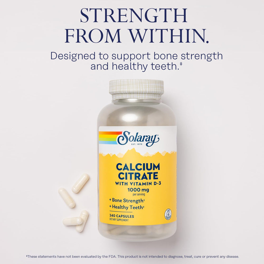 SOLARAY label detail shows 1000 mg calcium and 400 IU D3.