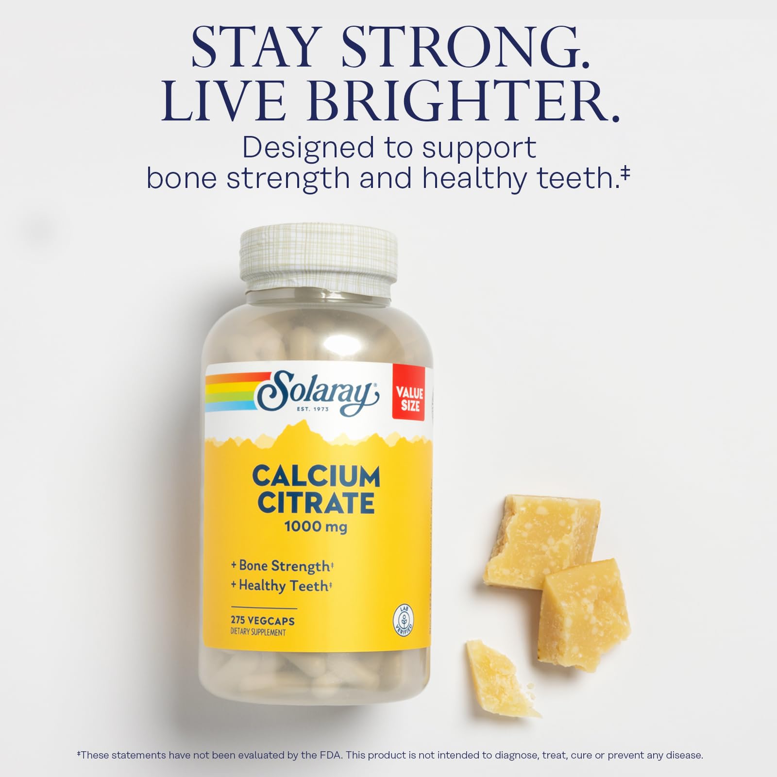 SOLARAY Calcium Citrate label close-up highlighting chelated formula and 1000mg per serving
