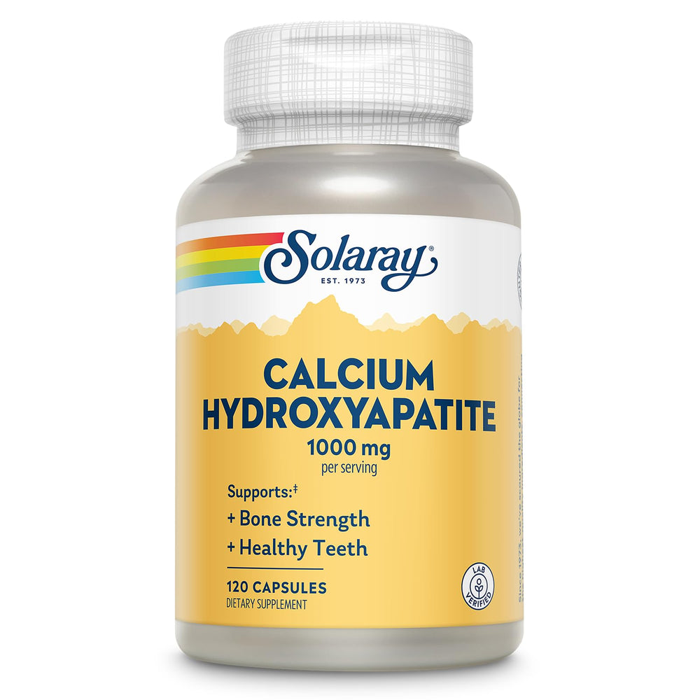 SOLARAY calcium hydroxyapatite 1000mg bottle showcases packaging for bone and teeth support.