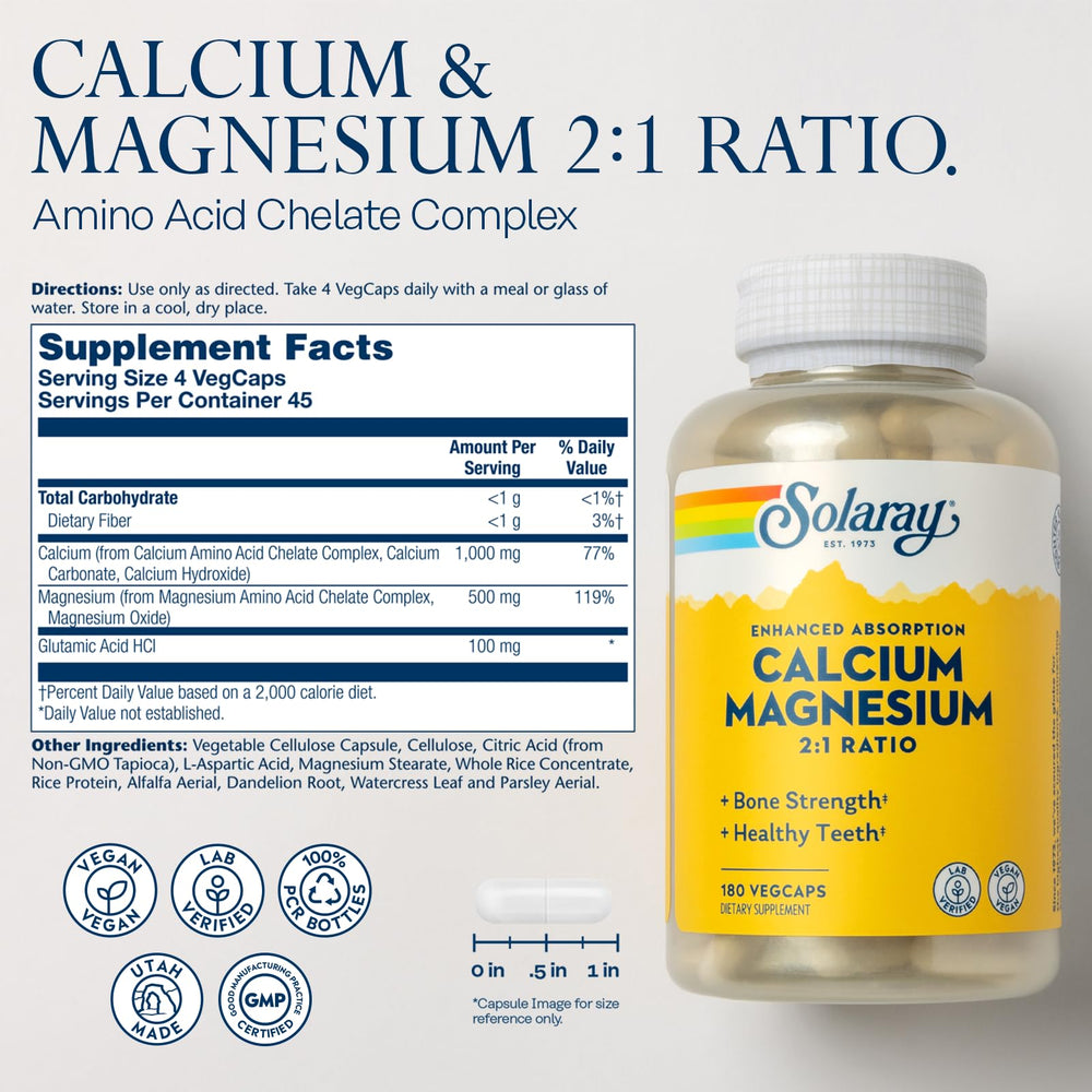 SOLARAY Calcium Magnesium bottle-label with serving size and mineral content