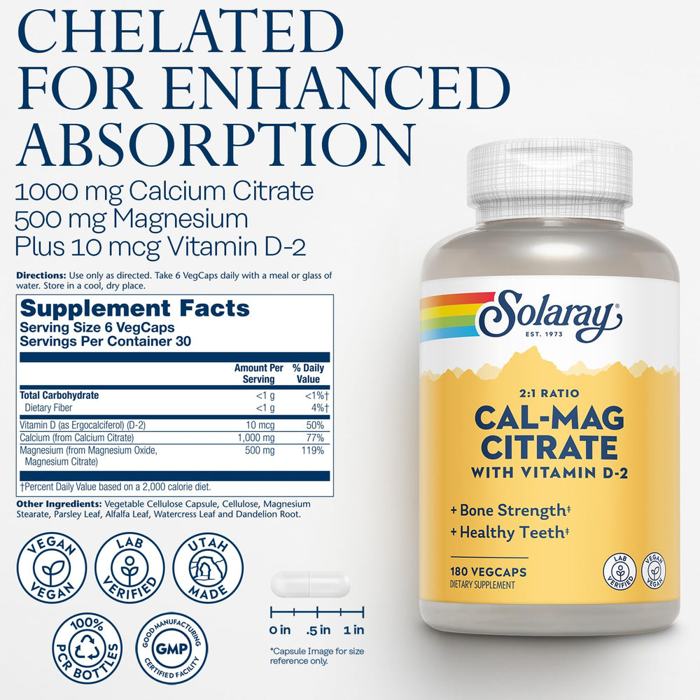 SOLARAY calcium magnesium citrate capsules close-up for daily use
