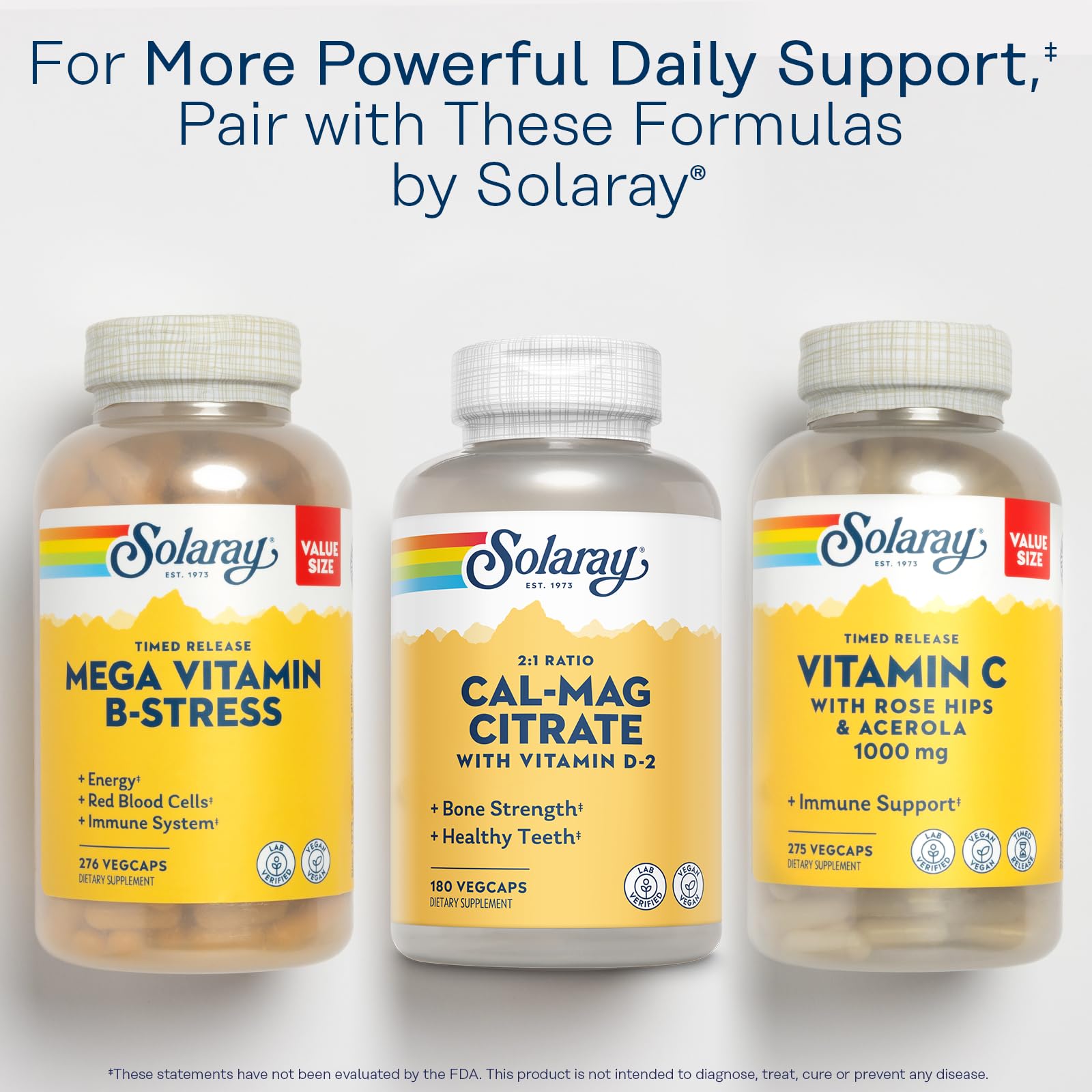 SOLARAY bottle label detailing 2:1 calcium to magnesium balance