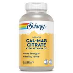 Solaray Calcium Magnesium Citrate bottle highlights a balanced 2:1 ratio for bone and muscle support.