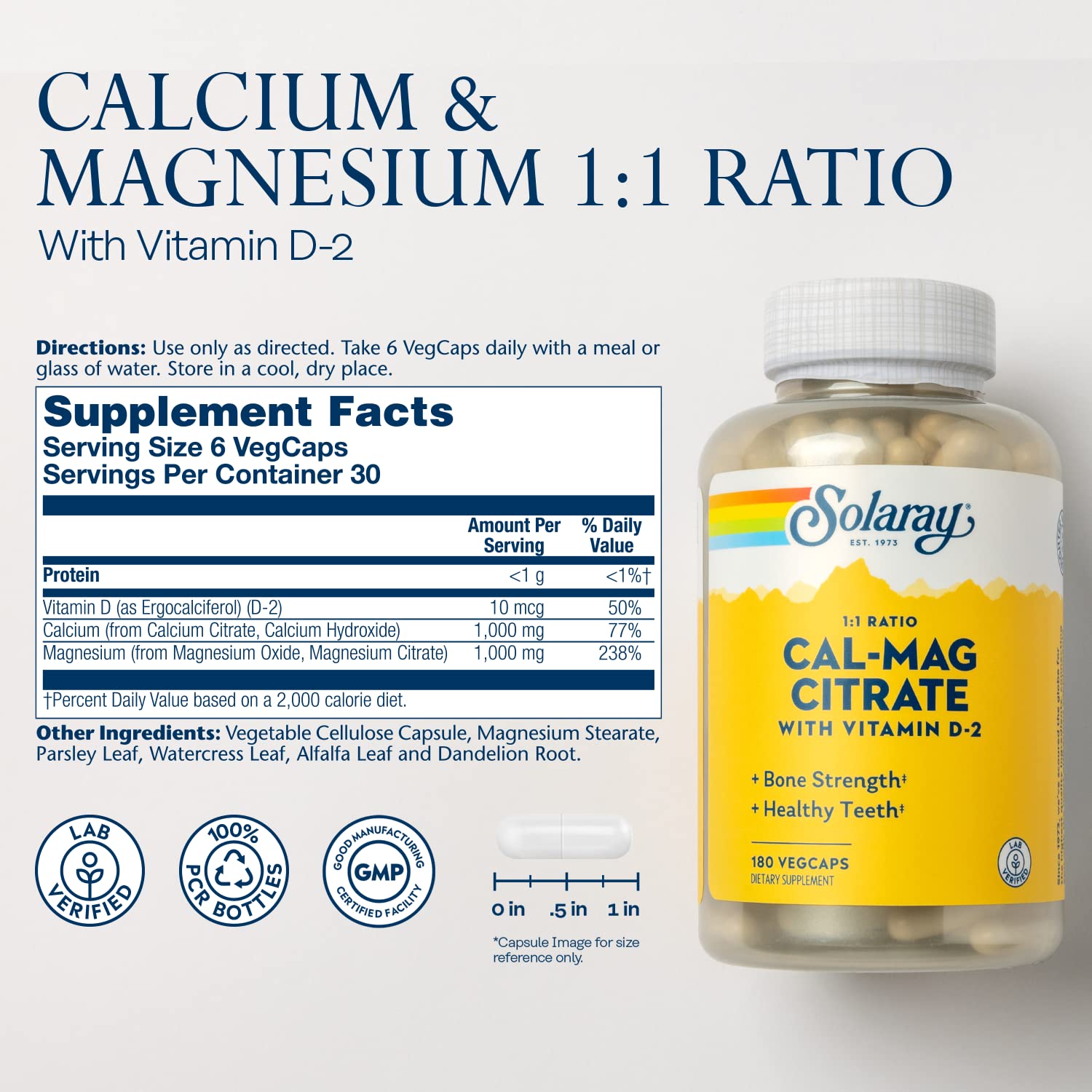 SOLARAY calcium magnesium citrate capsules ready for daily use and muscle support.