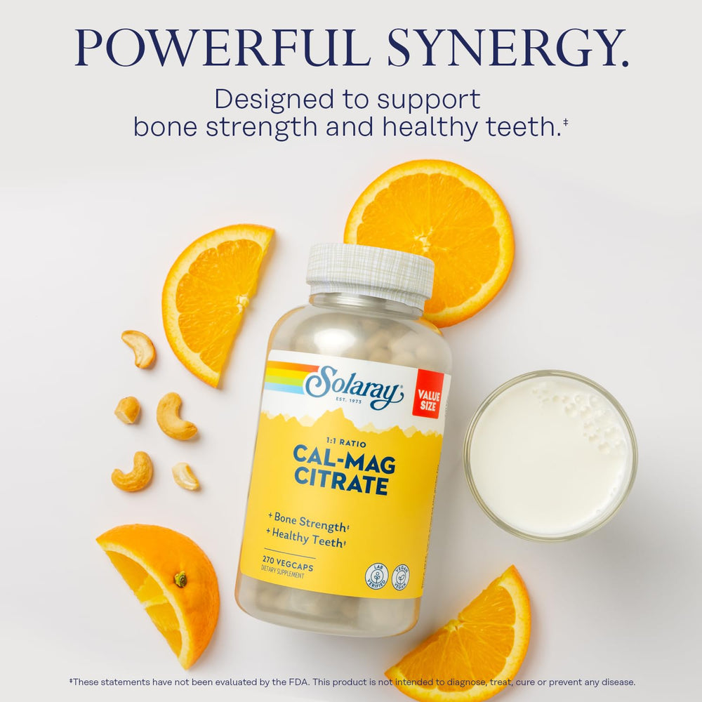 Solaray Calcium Magnesium Citrate capsules illustrate vegan, easy-to-digest minerals for daily use