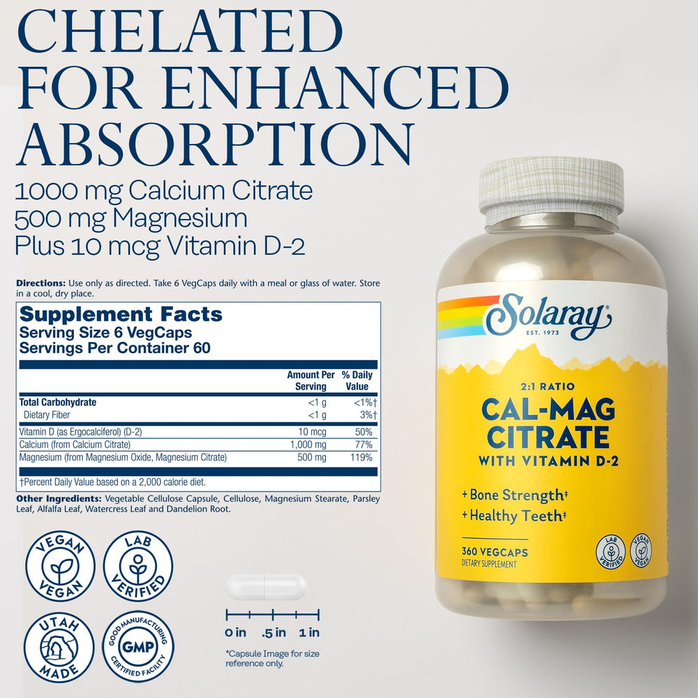 Solaray capsules image shows easy-to-swallow tablets with vitamin D2 to aid mineral absorption.