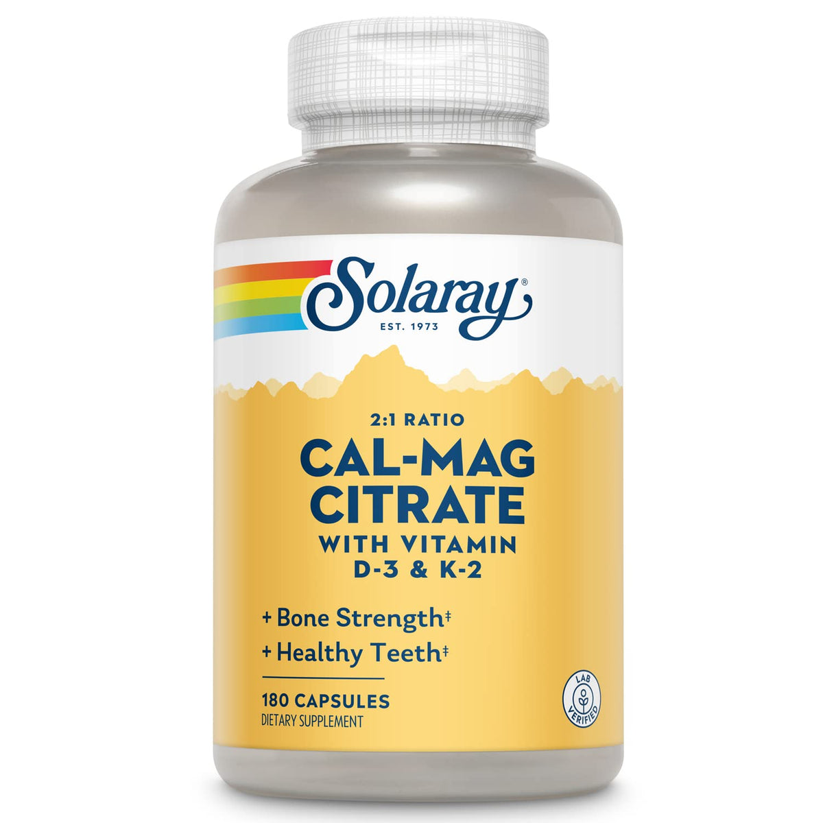 SOLARAY calcium magnesium citrate bottle on table highlights daily bone support convenience.