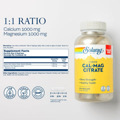 Solaray Calcium Magnesium Citrate ingredients panel highlights 1:1 1000 mg minerals for absorption
